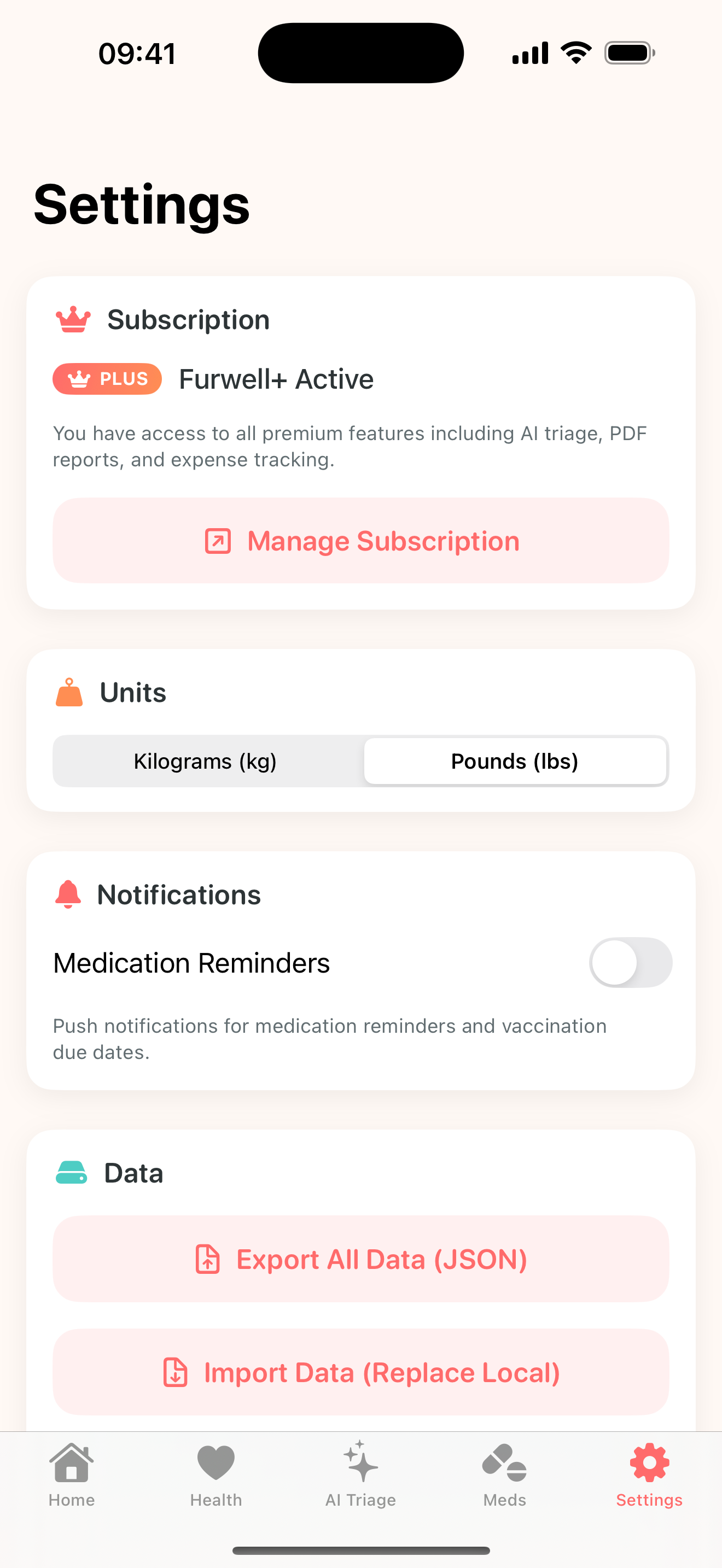 Settings screen